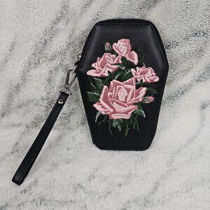 Dolls Kill Widow Coffin Shaped Embroidered Rose Zippered Clutch Strap Wallet